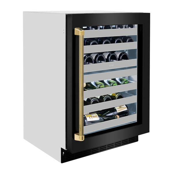 ZLINE Autograph Edition 24 in. Touchstone Dual Zone 44 Bottle Wine Cooler with Black Stainless Steel Glass Door and Polished Gold Helix Handle (RWDOZ-BS-24-KG)