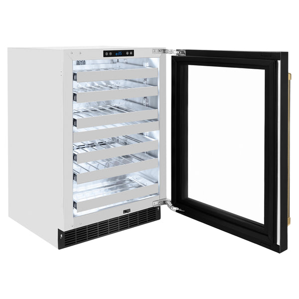 ZLINE Autograph Edition 24 in. Touchstone Dual Zone 44 Bottle Wine Cooler with Black Stainless Steel Glass Door and Polished Gold Helix Handle (RWDOZ-BS-24-KG)