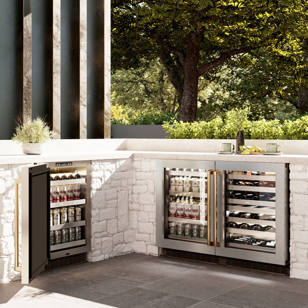 ZLINE Autograph Edition 24 in. Touchstone Dual Zone 44 Bottle Wine Cooler with Satin Stainless Steel Glass Door and Polished Gold Handle (RWDOZ-SN-24-G)