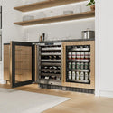 ZLINE Autograph Edition 24 in. Touchstone Dual Zone 44 Bottle Wine Cooler With Panel Ready Glass Door And Champagne Bronze Handle (RWDPOZ-24-CB) in a custom home bar area from side, with wine on adjustable shelves.