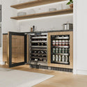 ZLINE Autograph Edition 24 in. Touchstone 151 Can Beverage Fridge With Panel Ready Glass Door And Polished Gold Handle (RBSPOZ-24-G) in a custom home bar area from side, with wine on adjustable shelves.