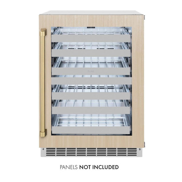 ZLINE Autograph Edition 24 in. Touchstone Dual Zone 44 Bottle Wine Cooler With Panel Ready Glass Door And Champagne Bronze Handle (RWDPOZ-24-CB) front, with custom wood panel. Text: "Panel Not Included"