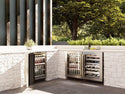 ZLINE Autograph Edition 24 in. Touchstone 151 Can Beverage Fridge With Stainless Steel Glass Door And Polished Gold Handle (RBSOZ-GS-24-G) in an outdoor patio area.