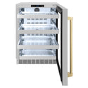 ZLINE Autograph Edition 24 in. Touchstone 151 Can Beverage Fridge With Stainless Steel Glass Door And Champagne Bronze Handle (RBSOZ-GS-24-CB) front, door open.