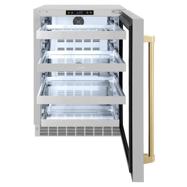 ZLINE Autograph Edition 24 in. Touchstone 151 Can Beverage Fridge With Stainless Steel Glass Door And Champagne Bronze Handle (RBSOZ-GS-24-CB) front, door open.