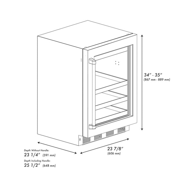 ZLINE Autograph Edition 24 in. Touchstone 151 Can Beverage Fridge With Stainless Steel Glass Door And Matte Black Handle (RBSOZ-GS-24-MB) dimensional diagram with measurements.
