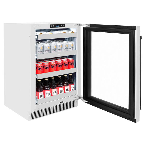 ZLINE Autograph Edition 24 in. Touchstone 151 Can Beverage Fridge With Stainless Steel Glass Door And Matte Black Handle (RBSOZ-GS-24-MB) side, open with drinks inside on adjustable shelving.