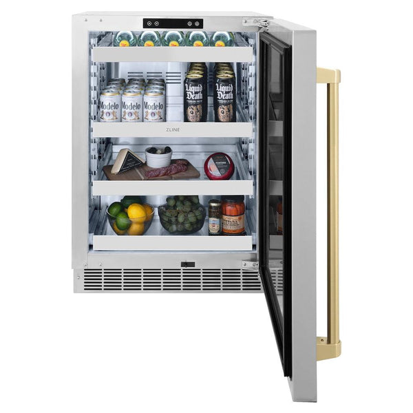 ZLINE Autograph Edition 24 in. Touchstone 151 Can Beverage Fridge With Solid Stainless Steel Door And Champagne Bronze Handle (RBSOZ-ST-24-CB) front, open, with food and beverages inside.