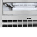 ZLINE Autograph Edition 24 in. Touchstone 151 Can Beverage Fridge With Solid Stainless Steel Door And Polished Gold Handle (RBSOZ-ST-24-G) close-up, door open, base and bottom shelves.