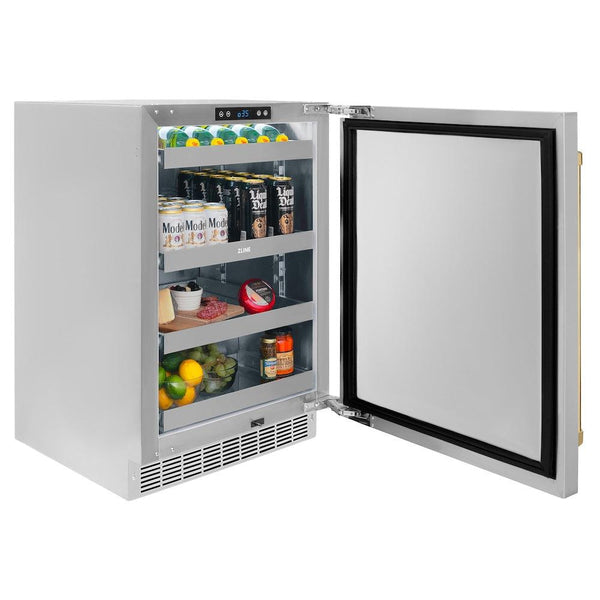ZLINE Autograph Edition 24 in. Touchstone 151 Can Beverage Fridge With Solid Stainless Steel Door And Polished Gold Handle (RBSOZ-ST-24-G) side, open, with food and beverages inside.