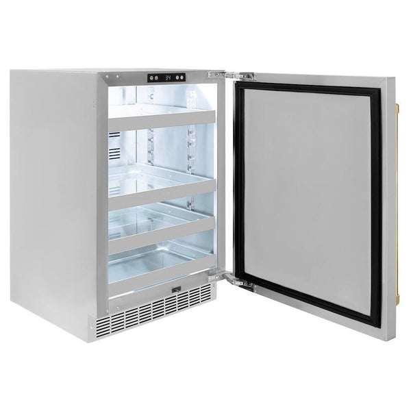 ZLINE Autograph Edition 24 in. Touchstone 151 Can Beverage Fridge With Solid Stainless Steel Door And Polished Gold Handle (RBSOZ-ST-24-G) side, open.