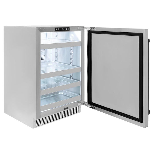 ZLINE Autograph Edition 24 in. Touchstone 151 Can Beverage Fridge With Solid Stainless Steel Door And Matte Black Handle (RBSOZ-ST-24-MB) side, open.