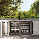 ZLINE Autograph Edition 24 in. Touchstone Dual Zone 44 Bottle Wine Cooler With Stainless Steel Glass Door And Matte Black Handle (RWDOZ-GS-24-MB) in an outdoor patio area.