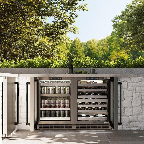 ZLINE Autograph Edition 24 in. Touchstone Dual Zone 44 Bottle Wine Cooler With Stainless Steel Glass Door And Matte Black Handle (RWDOZ-GS-24-MB) in an outdoor patio area.
