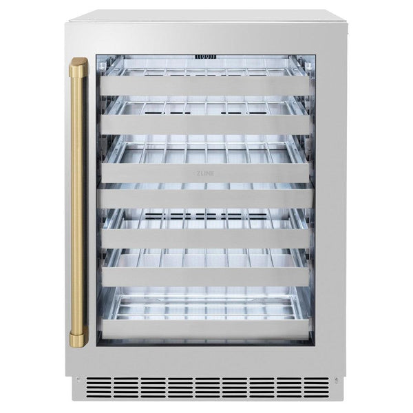 ZLINE Autograph Edition 24 in. Touchstone Dual Zone 44 Bottle Wine Cooler With Stainless Steel Glass Door And Champagne Bronze Handle (RWDOZ-GS-24-CB) front, closed.
