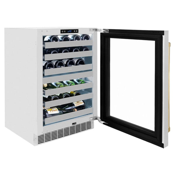 ZLINE Autograph Edition 24 in. Touchstone Dual Zone 44 Bottle Wine Cooler With Stainless Steel Glass Door And Polished Gold Handle (RWDOZ-GS-24-G) side, open with drinks inside on adjustable shelving.
