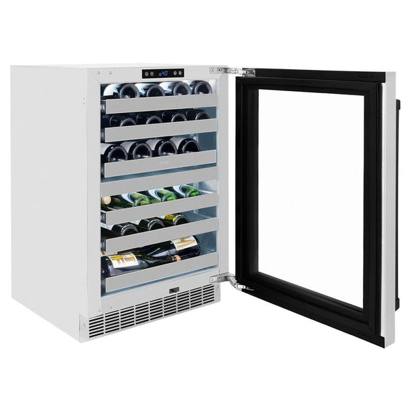 ZLINE Autograph Edition 24 in. Touchstone Dual Zone 44 Bottle Wine Cooler With Stainless Steel Glass Door And Matte Black Handle (RWDOZ-GS-24-MB) side, open with drinks inside on adjustable shelving.