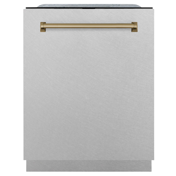 ZLINE Autograph Edition 24" Monument Series 3rd Rack Top Touch Control Tall Tub Dishwasher in Fingerprint Resistant Stainless Steel with Champagne Bronze Handle, 45dBa (DWMTZ-SN-24-CB)
