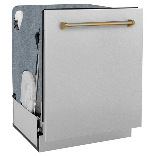 ZLINE Autograph Edition 24" Monument Series 3rd Rack Top Touch Control Tall Tub Dishwasher in Fingerprint Resistant Stainless Steel with Champagne Bronze Handle, 45dBa (DWMTZ-SN-24-CB)