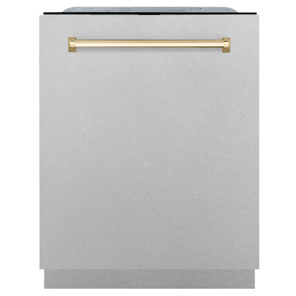ZLINE Autograph Edition 24" Monument Series 3rd Rack Top Touch Control Tall Tub Dishwasher in Fingerprint Resistant Stainless Steel with Polished Gold Handle, 45dBa (DWMTZ-SN-24-G)