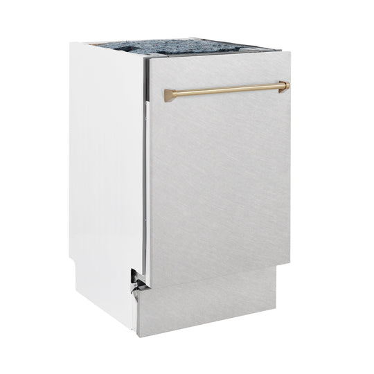 ZLINE Autograph Edition 18” Tallac Series 3rd Rack Top Control Built-In Dishwasher in Fingerprint Resistant Stainless Steel with Champagne Bronze Handle, 51dBa (DWVZ-SN-18-CB)