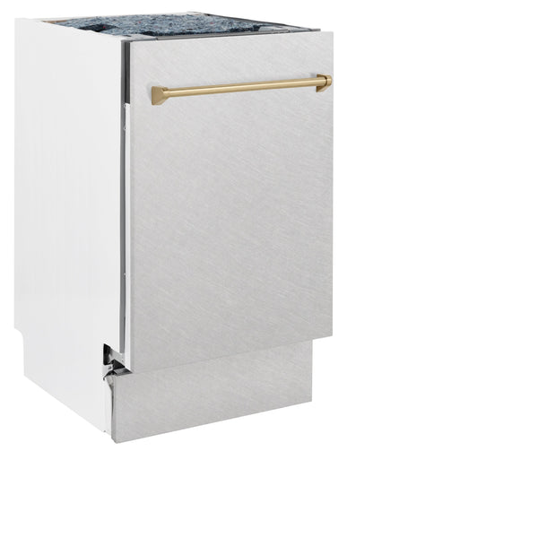 ZLINE Autograph Edition 18” Tallac Series 3rd Rack Top Control Built-In Dishwasher in Fingerprint Resistant Stainless Steel with Champagne Bronze Handle, 51dBa (DWVZ-SN-18-CB)