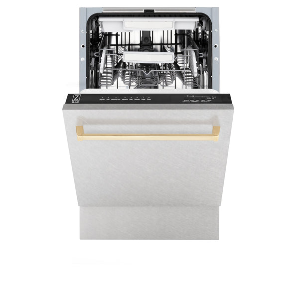 ZLINE Autograph Edition 18” Tallac Series 3rd Rack Top Control Built-In Dishwasher in Fingerprint Resistant Stainless Steel with Polished Gold Handle, 51dBa (DWVZ-SN-18-G)