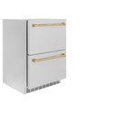 ZLINE Autograph Edition 24 in. Touchstone 168 Can Outdoor-Rated Dual Refrigerator Drawer with Satin Stainless Steel Doors and Champagne Bronze Handles (RDSOZ-SN-24-CB)