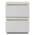 ZLINE Autograph Edition 24 in. Touchstone 168 Can Outdoor-Rated Dual Refrigerator Drawer with Satin Stainless Steel Doors and Polished Gold Handles (RDSOZ-SN-24-G)