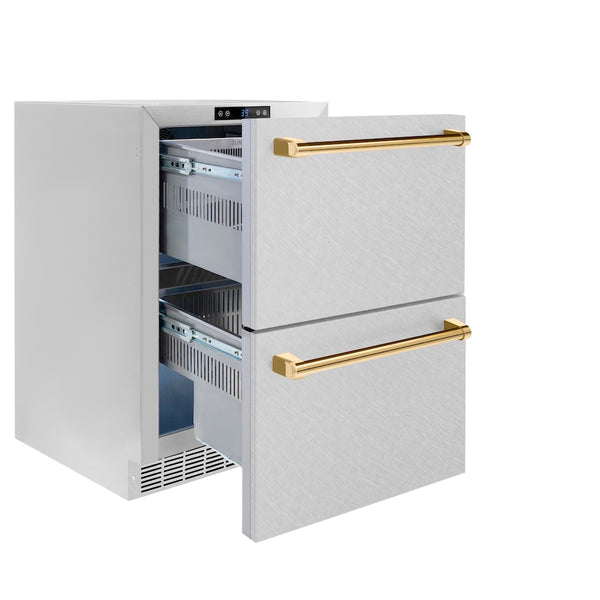 ZLINE Autograph Edition 24 in. Touchstone 168 Can Outdoor-Rated Dual Refrigerator Drawer with Satin Stainless Steel Doors and Polished Gold Handles (RDSOZ-SN-24-G)