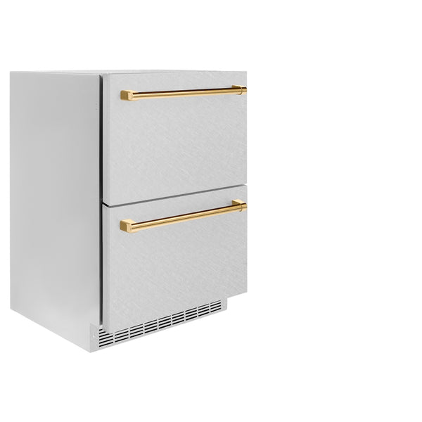 ZLINE Autograph Edition 24 in. Touchstone 168 Can Outdoor-Rated Dual Refrigerator Drawer with Satin Stainless Steel Doors and Polished Gold Handles (RDSOZ-SN-24-G)