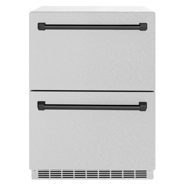 ZLINE Autograph Edition 24 in. Touchstone 168 Can Outdoor-Rated Dual Refrigerator Drawer with Satin Stainless Steel Doors and Matte Black Handles (RDSOZ-SN-24-MB)