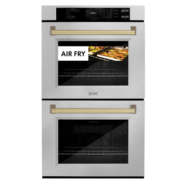 ZLINE 30 in. Autograph Edition Professional True Convection Double Wall Oven with Air Fry and Self Clean in Satin Stainless Steel with Champagne Bronze Handles (WADSZ-30-CB)
