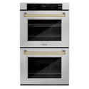 ZLINE 30 in. Autograph Edition Professional True Convection Double Wall Oven with Air Fry and Self Clean in Satin Stainless Steel with Champagne Bronze Handles (WADSZ-30-CB)