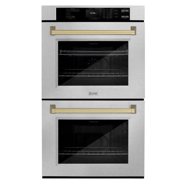 ZLINE 30 in. Autograph Edition Professional True Convection Double Wall Oven with Air Fry and Self Clean in Satin Stainless Steel with Champagne Bronze Handles (WADSZ-30-CB)