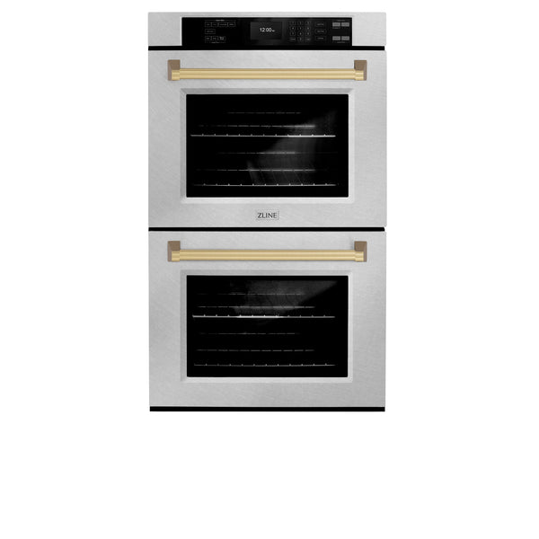 ZLINE 30 in. Autograph Edition Professional True Convection Double Wall Oven with Air Fry and Self Clean in Satin Stainless Steel with Champagne Bronze Handles (WADSZ-30-CB)