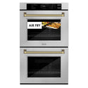 ZLINE Autograph Edition 30 in. Professional True Convection Double Wall Oven with Air Fry and Self Clean in Satin Stainless Steel with Polished Gold Helix Handles (WADSZ-30-KG)