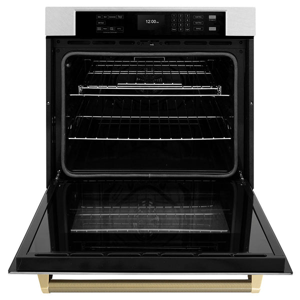 ZLINE Autograph Edition 30 in. Professional True Convection Single Wall Oven with Air Fry and Self Clean in Satin Stainless Steel with Champagne Bronze Helix Handle (WASSZ-30-KCB)