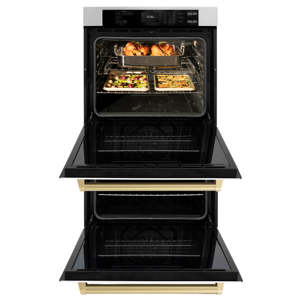 ZLINE 30 in. Autograph Edition Professional True Convection Double Wall Oven with Air Fry and Self Clean in Satin Stainless Steel with White Matte Doors and Champagne Bronze Handles (WADSZ-WM-30-CB)
