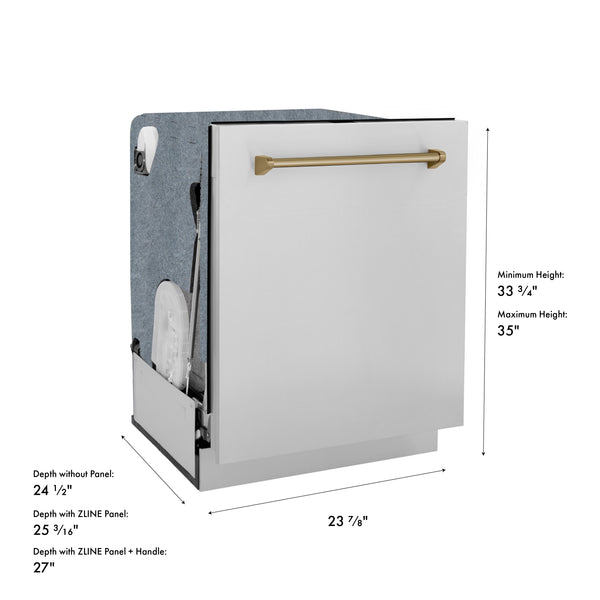 ZLINE Autograph Edition 24 in. Monument Series 3rd Rack Top Touch Control Tall Tub Dishwasher in Stainless Steel with Champagne Bronze Handle, 45dBa (DWMTZ-304-24-CB)
