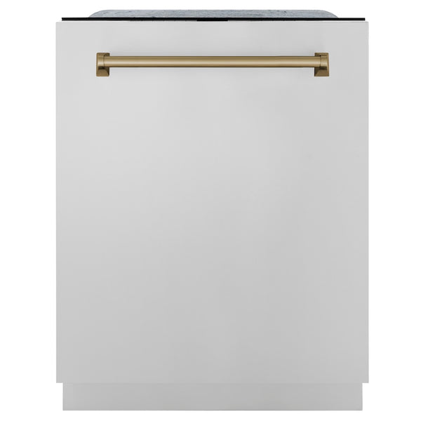 ZLINE Autograph Edition 24 in. Monument Series 3rd Rack Top Touch Control Tall Tub Dishwasher in Stainless Steel with Champagne Bronze Handle, 45dBa (DWMTZ-304-24-CB)