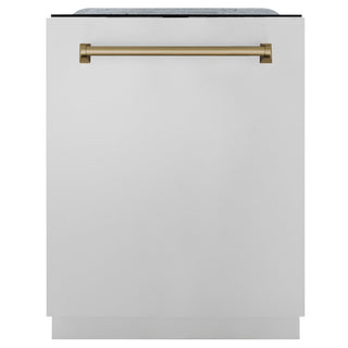 ZLINE Autograph Edition 24" Monument Series 3rd Rack Top Touch Control Tall Tub Dishwasher in Stainless Steel with Champagne Bronze Handle, 45dBa (DWMTZ-304-24-CB)