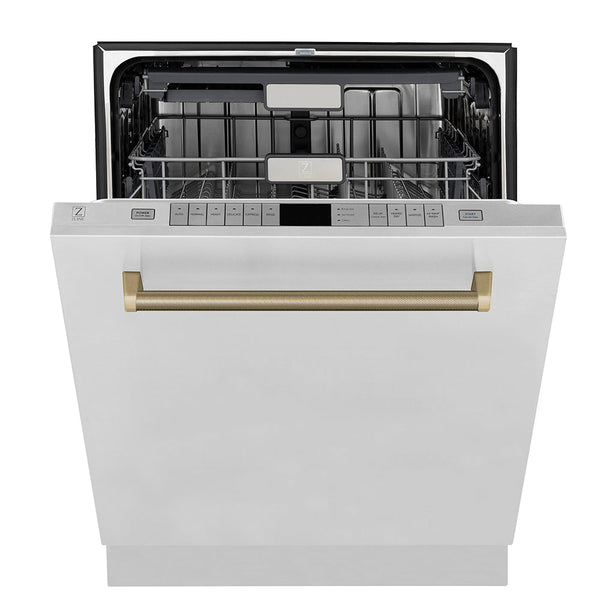 ZLINE Autograph Edition 24 in. Monument Series 3rd Rack Top Touch Control Tall Tub Dishwasher in Stainless Steel with Champagne Bronze Helix Handle, 45dBa (DWMTZ-30424-KCB)