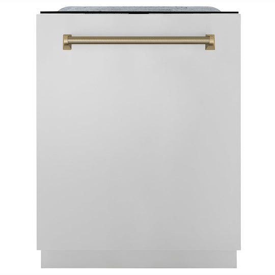 ZLINE Autograph Edition 24 in. Monument Series 3rd Rack Top Touch Control Tall Tub Dishwasher in Stainless Steel with Champagne Bronze Helix Handle, 45dBa (DWMTZ-30424-KCB)