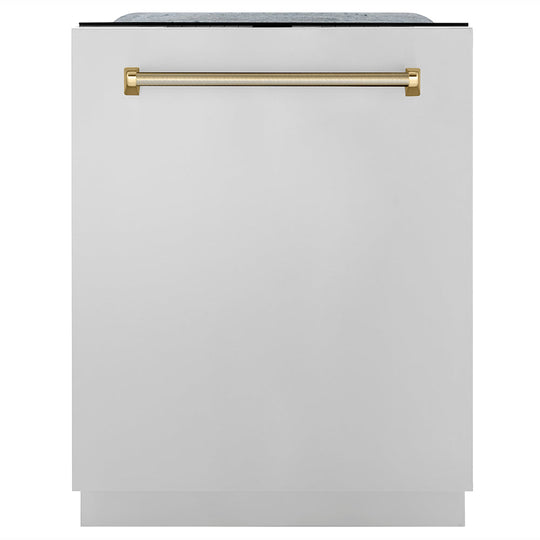 ZLINE Autograph Edition 24 in. Monument Series 3rd Rack Top Touch Control Tall Tub Dishwasher in Stainless Steel with Polished Gold Helix Handle, 45dBa (DWMTZ-30424-KG)