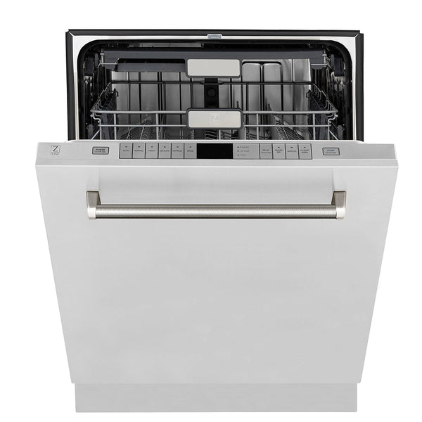 ZLINE Autograph Edition 24 in. Monument Series 3rd Rack Top Touch Control Tall Tub Dishwasher in Stainless Steel with Polished Nickel Helix Handle, 45dBa (DWMTZ-30424-KPN)