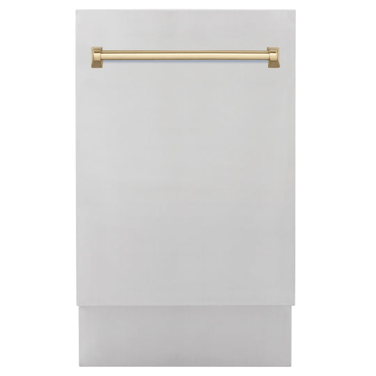ZLINE Autograph Edition 18” Tallac Series 3rd Rack Top Control Built-In Dishwasher in Stainless Steel with Champagne Bronze Handle, 51dBa (DWVZ-304-18-CB)