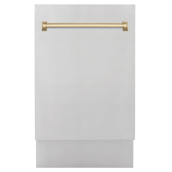 ZLINE Autograph Edition 18” Tallac Series 3rd Rack Top Control Built-In Dishwasher in Stainless Steel with Champagne Bronze Handle, 51dBa (DWVZ-304-18-CB)
