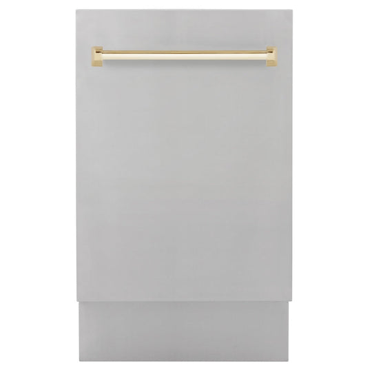 ZLINE Autograph Edition 18” Tallac Series 3rd Rack Top Control Built-In Dishwasher in Stainless Steel with Polished Gold Handle, 51dBa (DWVZ-304-18-G)