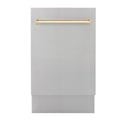 ZLINE Autograph Edition 18 in. Compact 3rd Rack Top Control Dishwasher in Stainless Steel with Polished Gold Handle, 51dBa (DWVZ-304-18-G) front, closed.